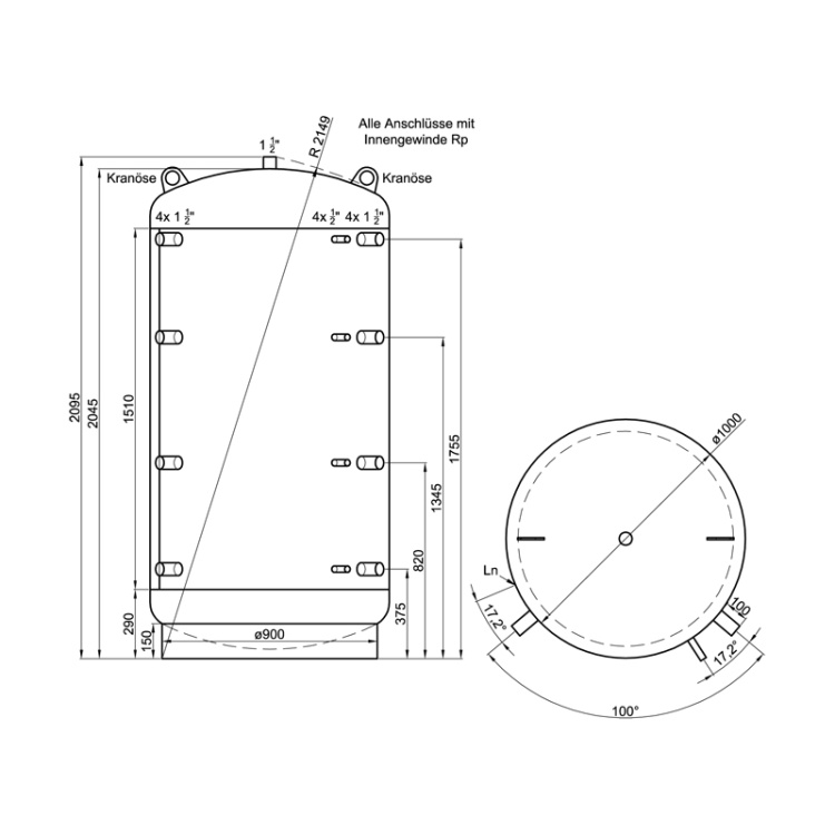 TWL Pufferspeicher 2000 L ohne Reg.