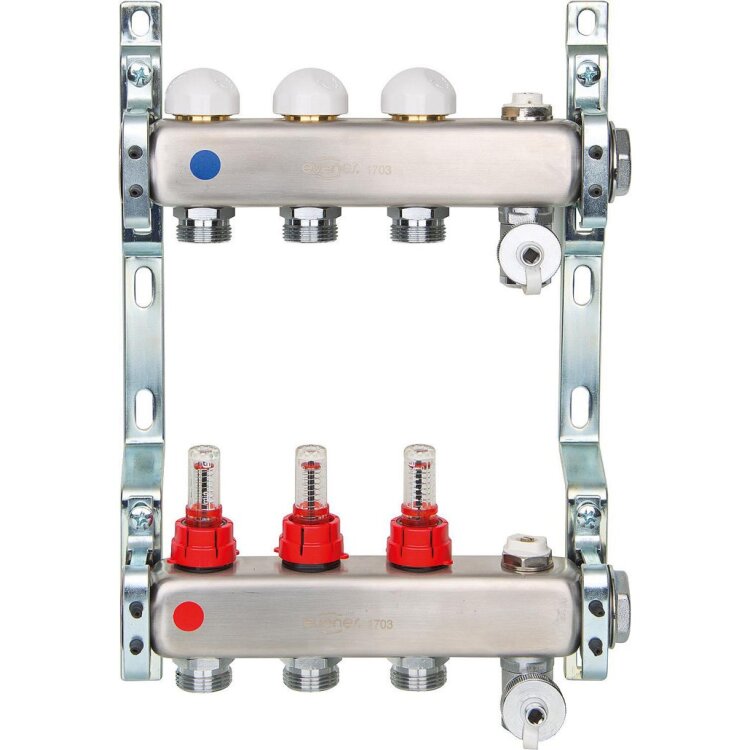 Heizkreisverteiler TN DN 25 (1") Edelstahl, 12 Heizkreise mit Flowmeter